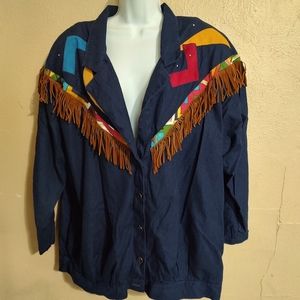 Vintage Sunny Girl Country Western Cowgirl Faux Leather Fringe Denim Jacket 22W